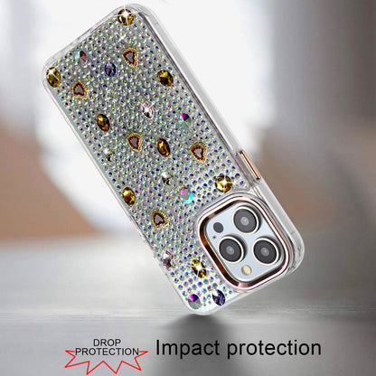 Phone Case for Apple iPhone 15 Pro Max Chrome Fashion Hybrid Bling Diamond Heart Rhinestone Decorative Stones Sparkling Embellished Design Cover Gold