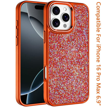 For iPhone 16 Pro Max (6.9") Crystal Sparkle Diamond Glass Full Mini Glitter Bling Frame TPU Hybrid Protective Case Cover