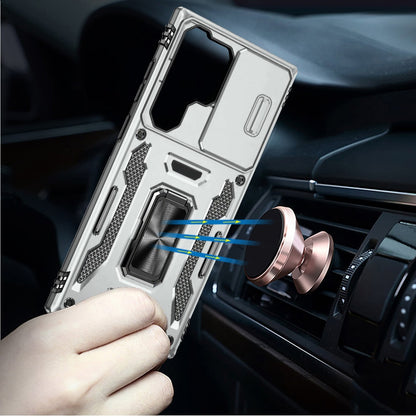 Phone Case for Samsung Galaxy S24 Ultra Tough Metal Ring Shockproof Sliding Camera Window Hybrid Armor Rugged Anti Slip Heavy Duty Grip Cover