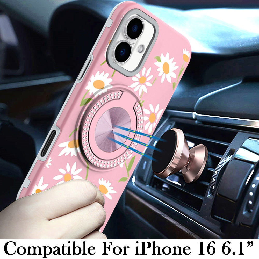 For iPhone 16 (6.1") Pattern Design Hybrid with Invisible Ring Stand & Magnetic Back, Shockproof Protective Grip Case Cover