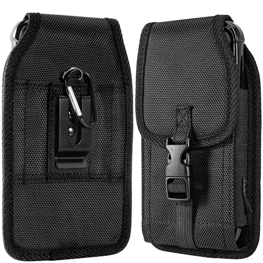 For Apple iPhone 16 Plus (6.7") Universal Pouch Case Vertical Phone Holster Nylon Cover with Front Buckle, Belt Clip Loop & Hook Carabiner [Black]
