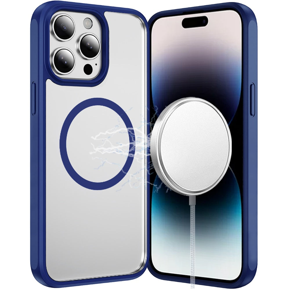 Phone Case for Apple iPhone 14 Pro Transparent Magnetic HQ Shockproof Hybrid 2.0mm Thick AntiSlip Grip Drop Protection Rugged Clear Durable Impact Cover Navy Blue