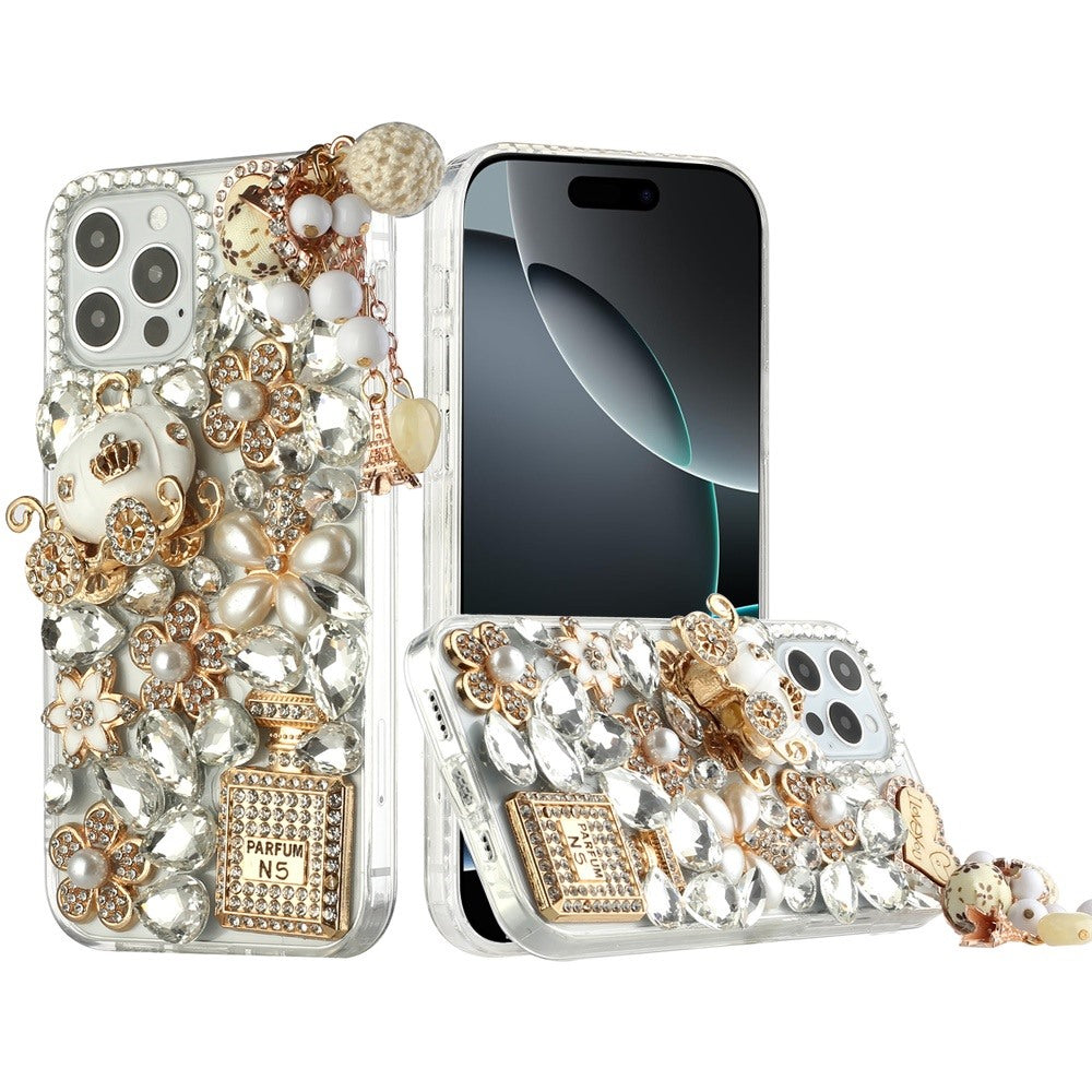 Phone Case for Apple iPhone 16 Pro Max Hard TPU Full Diamond Bling Rhinestone Pearl Crystal Ornament Decorative Multi Ornament Design Cover Gold