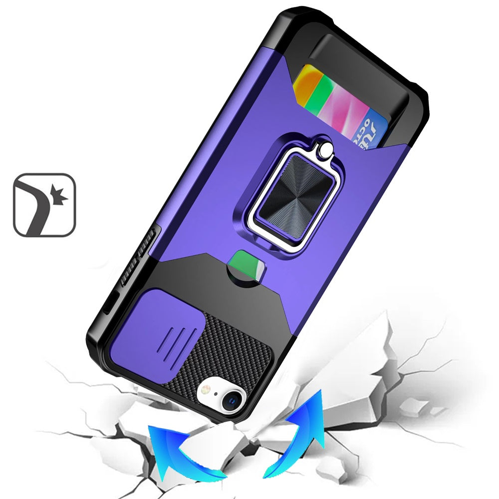For Apple iPhone 16e Wallet Case with Ring Stand & Slide Camera Cover Back Credit Card Slot Holder, Military Grade Case Cover Purple