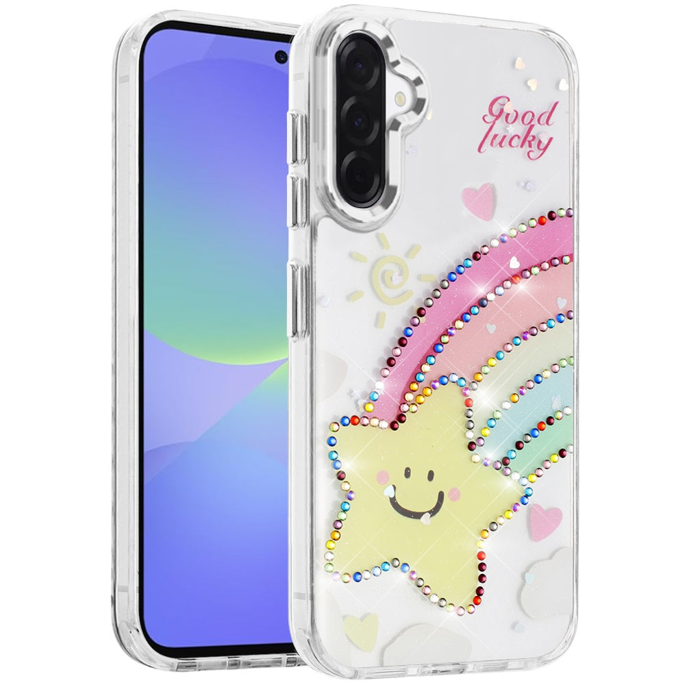 For Samsung Galaxy A36 Butterfly Resin Epoxy Diamond Design Metal Edged Hybrid Shockproof Heavy Duty Drop Protection Case Cover