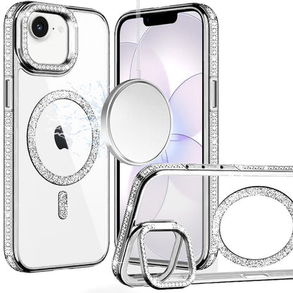 Phone Case for Apple iPhone 17E /16E /SE4 Luxury Diamond Bling Edged Magnetic Glitter Shockproof Hybrid with Camera Kickstand Durable Grip Cover Silver