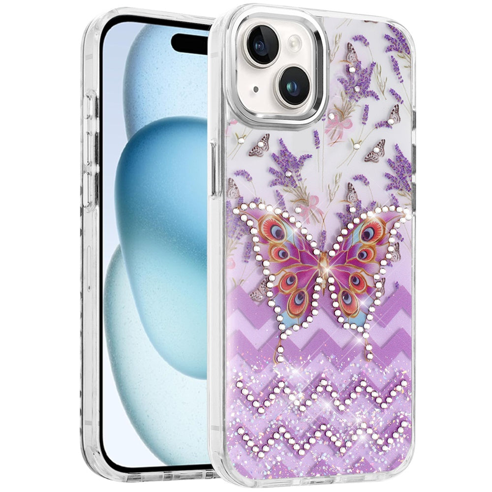 Phone Case for Apple iPhone 15 Butterfly Resin Epoxy Diamond Bling Metal Edge Shockproof Hybrid Luxury Protective Durable Stylish Fashion Grip Cover