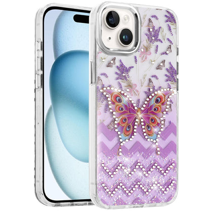 Phone Case for Apple iPhone 15 Butterfly Resin Epoxy Diamond Bling Metal Edge Shockproof Hybrid Luxury Protective Durable Stylish Fashion Grip Cover