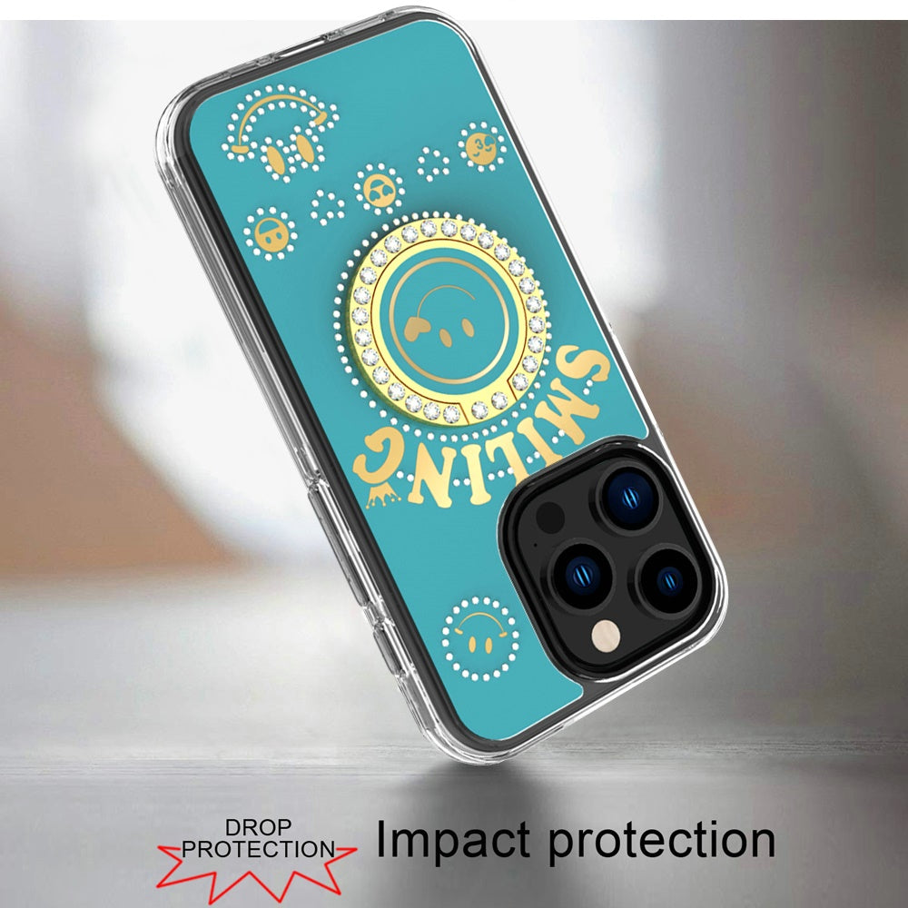 For Apple iPhone 16 Pro (6.3") Smiling Glitter Ornament Bling Sparkle with Ring Stand Hybrid Slim TPU + Hard Back Shell Case Cover