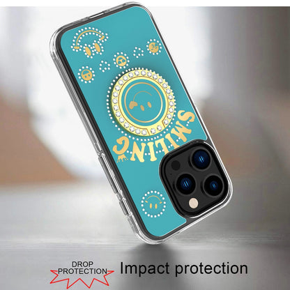 For Apple iPhone 16 Pro (6.3") Smiling Glitter Ornament Bling Sparkle with Ring Stand Hybrid Slim TPU + Hard Back Shell Case Cover