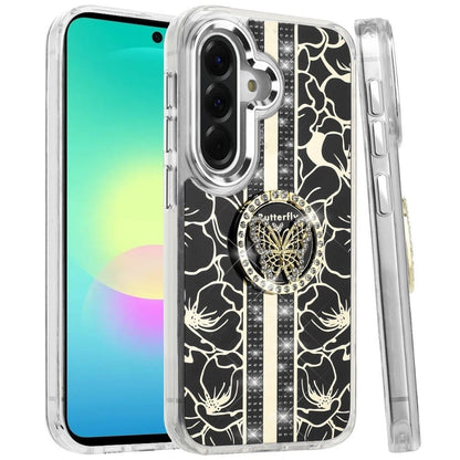 Phone Case for Samsung Galaxy A27 5G Floral Butterfly Ring Stand Glitter Bling Shockproof Hybrid Luxury Fashion Protective Anti Slip Durable Grip Cover