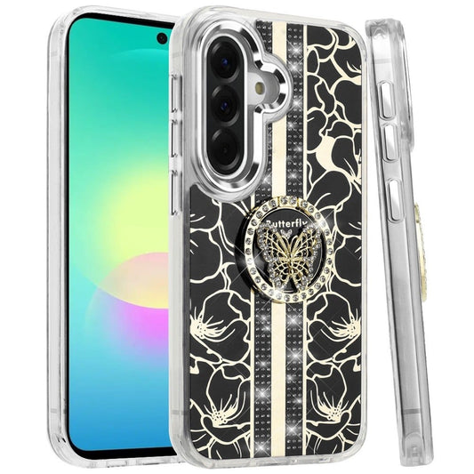 Phone Case for Samsung Galaxy A27 5G Floral Butterfly Ring Stand Glitter Bling Shockproof Hybrid Luxury Fashion Protective Anti Slip Durable Grip Cover