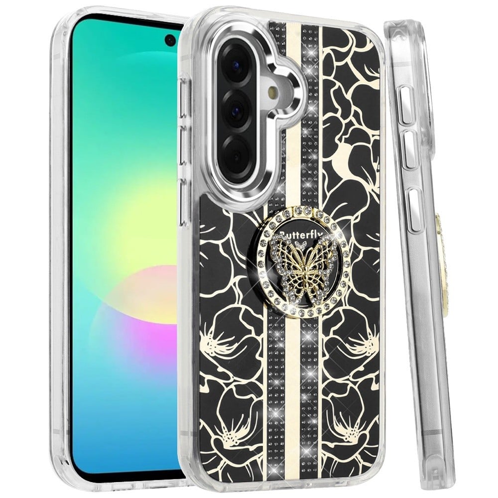 Phone Case for Samsung Galaxy A27 5G Floral Butterfly Ring Stand Glitter Bling Shockproof Hybrid Luxury Fashion Protective Anti Slip Durable Grip Cover