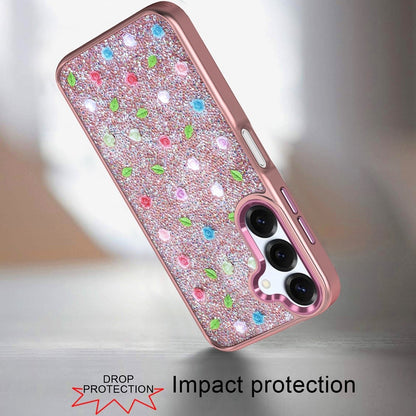 For Samsung Galaxy A17 5G Floral Design Embedded Glass Diamond Fancy Fashion Glitter Bling Sparkly Hybrid Rugged TPU Bumper Case Cover