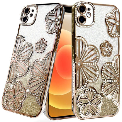 For Apple iPhone 13 Pro Max Luxury Floral Design Sparkle Glitter Diamond Crystal Rhinestone Shimmer Bling Plating Thick TPU Hard PC Case Cover