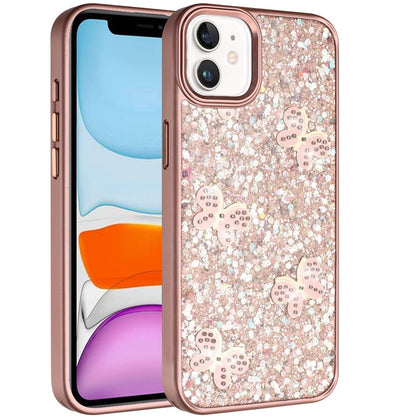 Phone Case for Apple iPhone 11 Cute Butterfly Diamond Glitter Metallic Hybrid Shockproof Shimmer Grip Stylish Protective Luxury Designer Cover Rose Gold