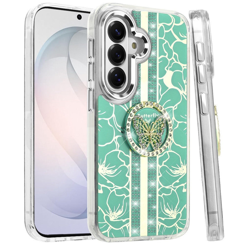 Phone Case for Samsung Galaxy S26 FE /S26 Fan Edition Floral Butterfly Ring Stand Glitter Bling Shockproof Hybrid Luxury Fashion Protective Anti Slip Durable Grip Cover