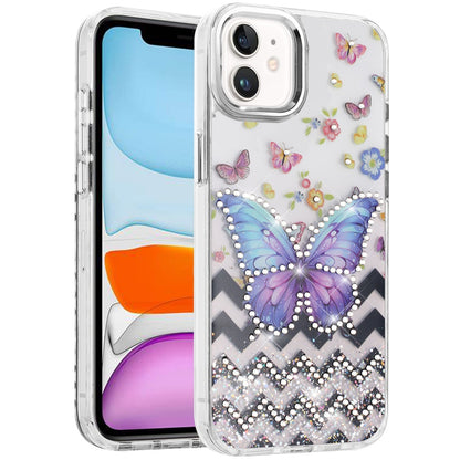 For Apple iPhone 17E /16E Butterfly Resin Epoxy Diamond Design Metal Edged Hybrid Shockproof Heavy Duty Drop Protection Case Cover