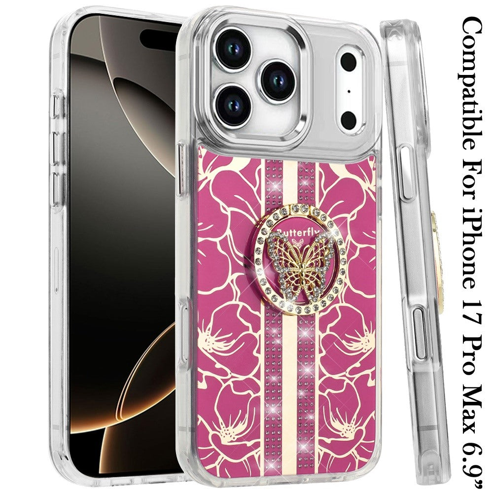 For Apple iPhone 17 Pro Max (6.9") Diamonds 3D Butterfly Floral Design Bling Sparkly Glitter Hybrid Metal Fashion with Ring Stand Case Cover