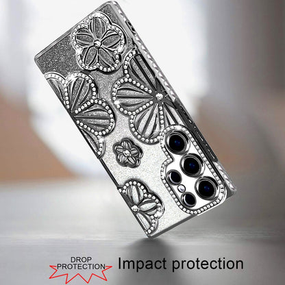 For Samsung Galaxy S25 Ultra Luxury Flower Design Sparkle Glitter Diamond Rhinestone Shimmer Bling Plating Thick TPU Hard PC Case Cover