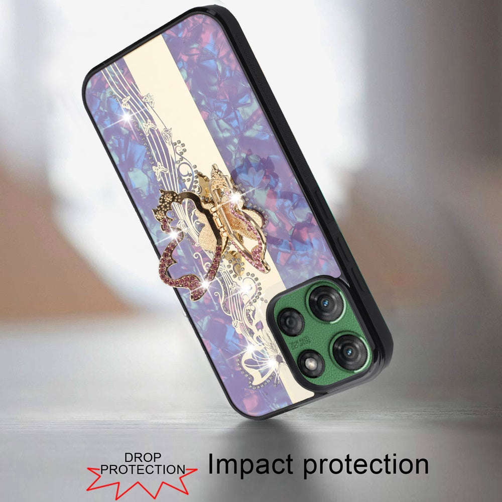 For Motorola Moto G 5G 2025 Diamonds 3D Butterfly Bling Sparkly Glitter Ornaments Engraving Hybrid with Stand Fashion Case Cover Enchanted Butterfly Purple