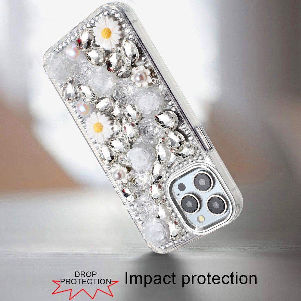 For Apple iPhone 16e Fashion Daisy Floral Series, Full 3D Bling Crystal Diamonds Sparkling Rhinestone Glitter Hybrid Design Case Cover