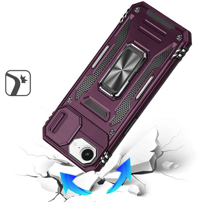 Phone Case for Apple iPhone 17E / iPhone 16E Tough Metal Ring Shockproof Sliding Camera Window Hybrid Armor Rugged Anti Slip Heavy Duty Grip Cover Purple