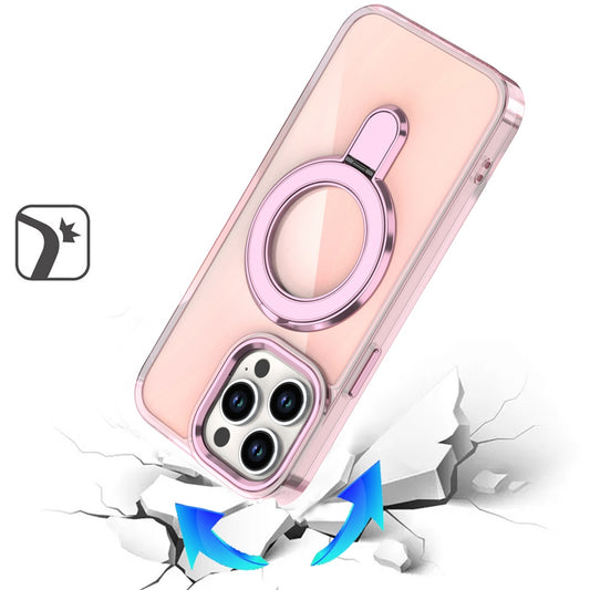 Phone Case for Apple iPhone 13 Pro Max Chrome Magnetic Ring Stand Rotational Shockproof Hybrid Kickstand Metal Finish Rugged Drop Protection Armor Cover Pink