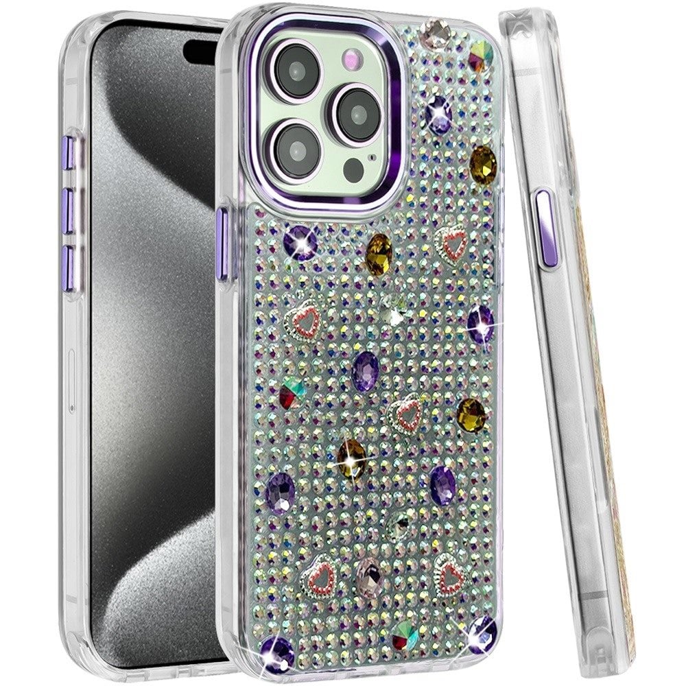 Phone Case for Apple iPhone 15 Pro Chrome Fashion Hybrid Bling Diamond Heart Rhinestone Decorative Stones Sparkling Embellished Design Cover