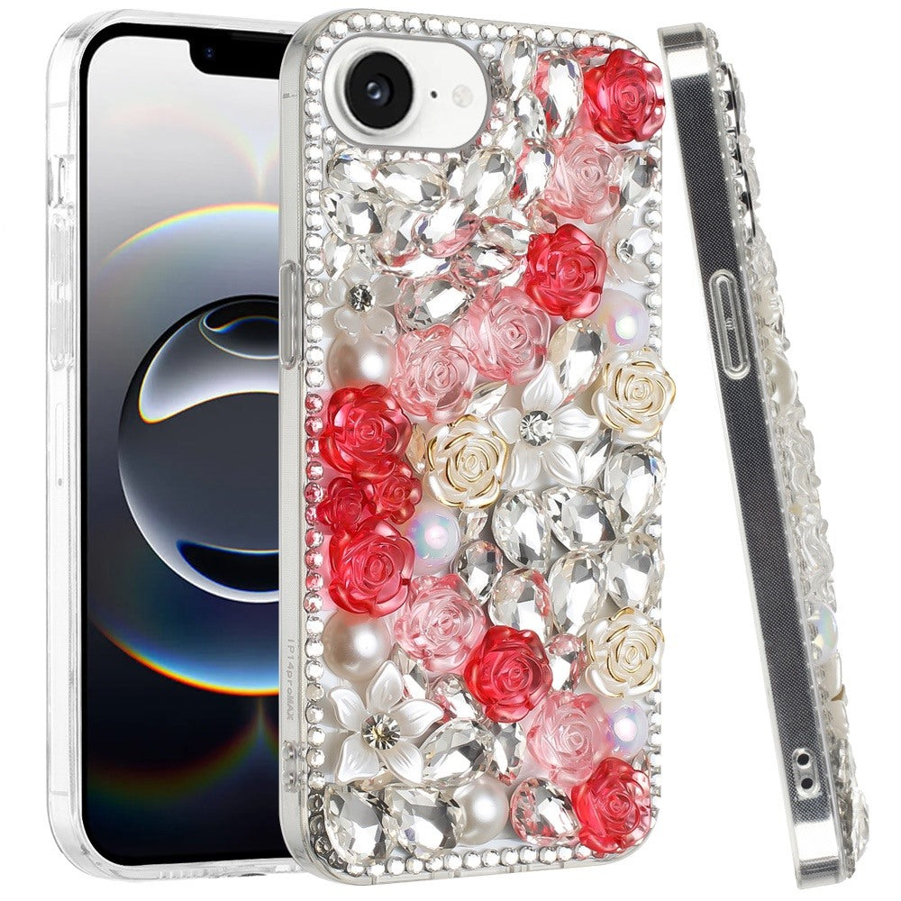 For Apple iPhone 16e Fashion Rose Flower Floral Bling Crystal 3D Full Diamonds Pearl Sparkle Rhinestone Glitter Hybrid Case Cover