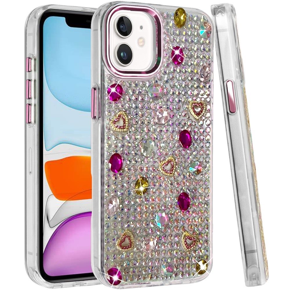 Phone Case for Apple iPhone 11 Chrome Fashion Hybrid Bling Diamond Heart Rhinestone Decorative Stones Sparkling Embellished Design Cover
