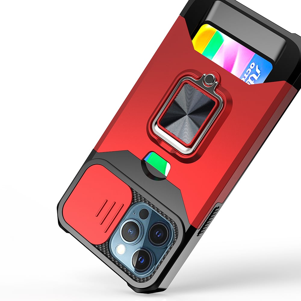 Phone Case for iPhone XR Card Holder Magnetic Ring Stand Shockproof Anti Slip Wallet Grip Protective Hybrid Design Cover Red