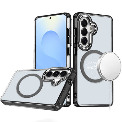 For Samsung Galaxy S25 /S24 Transparent Back Hybrid Case - Magnetic Circle, Color Frame, Metal Buttons, MagSafe Compatible Case Cover