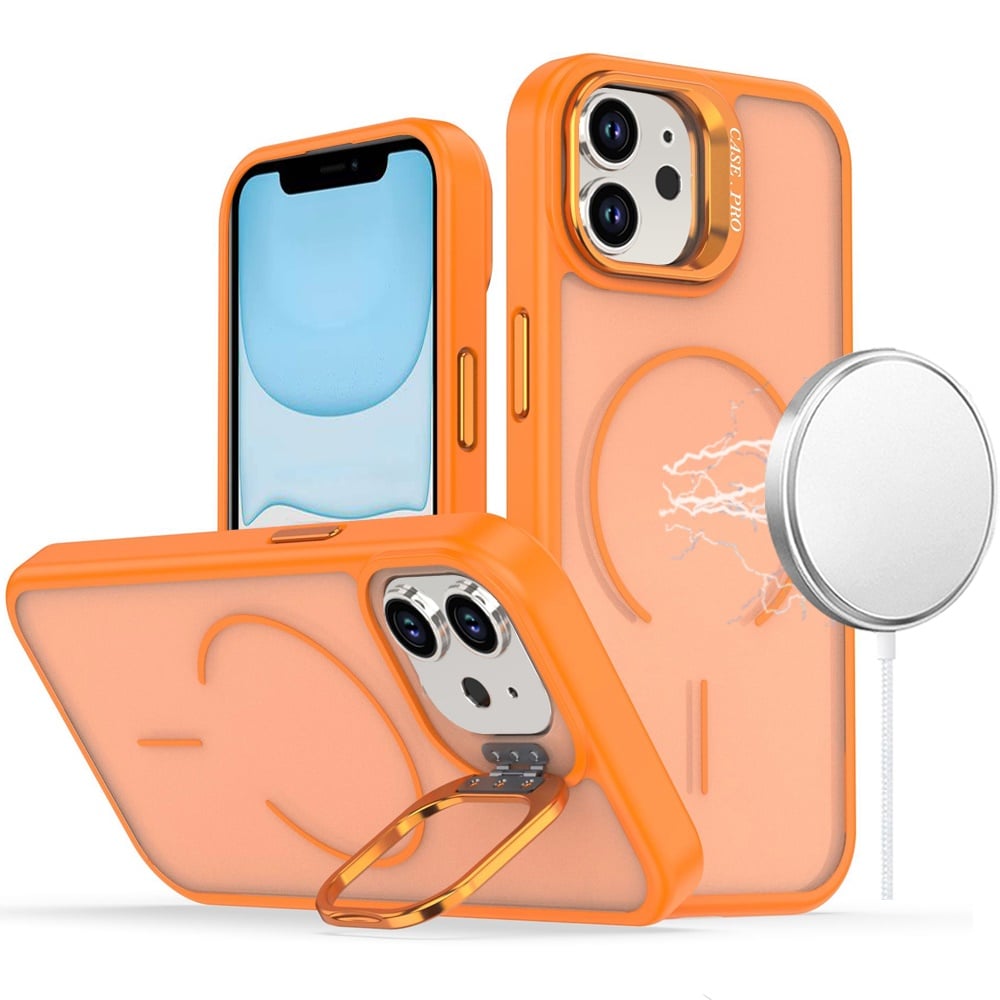 For Apple iPhone 11 Magnetic Matte Metal Camera Stand Hybrid Drop Protection Durable Shockproof Slim Fit Design Case Cover Cosmic Orange