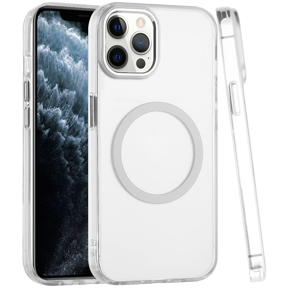 For Apple iPhone 11 Pro Max Transparent Back Hybrid Case - Magnetic Circle, Color Frame, Metal Buttons, MagSafe Compatible Case Cover