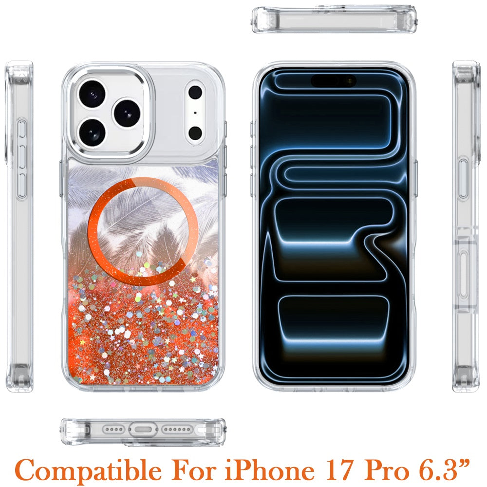 For Apple iPhone 17 Pro (6.3") Epoxy Glitter Shimmer Fashion Case with Magnetic Magsafe Compatible Hybrid Sparkling Slim Protective Case Cover Cosmic Orange