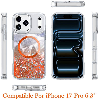 For Apple iPhone 17 Pro (6.3") Epoxy Glitter Shimmer Fashion Case with Magnetic Magsafe Compatible Hybrid Sparkling Slim Protective Case Cover Cosmic Orange