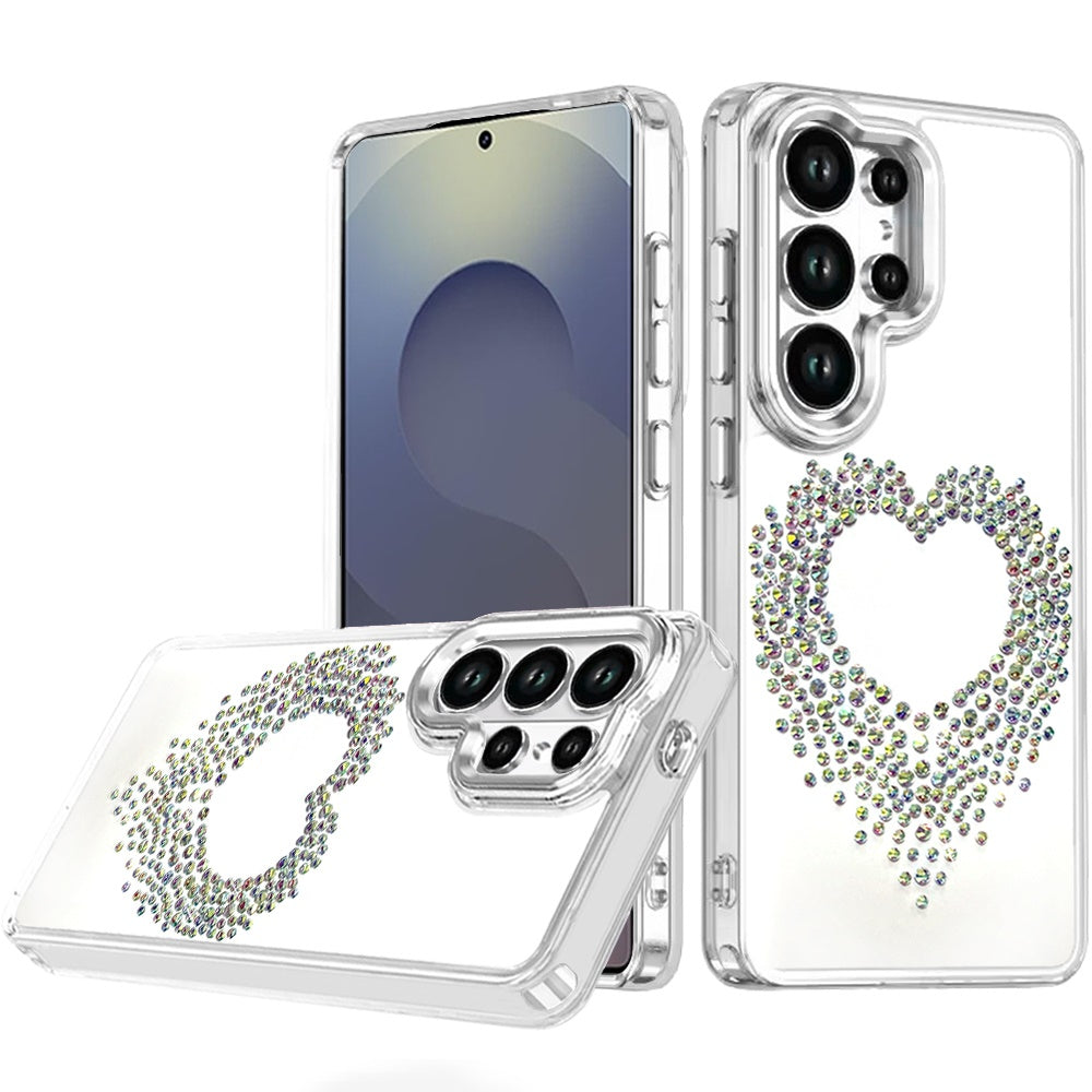 For Apple iPhone 17E /16E Angel Hearts Bling Glitter Diamond Hybrid TPU Cover, Colorful Frame Shockproof Protective Back Case Cover Silver