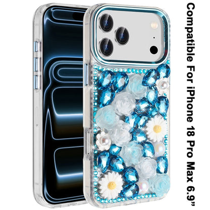 Phone Case for Apple iPhone 18 Pro Max Full Bling Rhinestone Glitter Floral Luxury Hybrid Shockproof Stylish Sparkling Protective Designer Ornament Cover