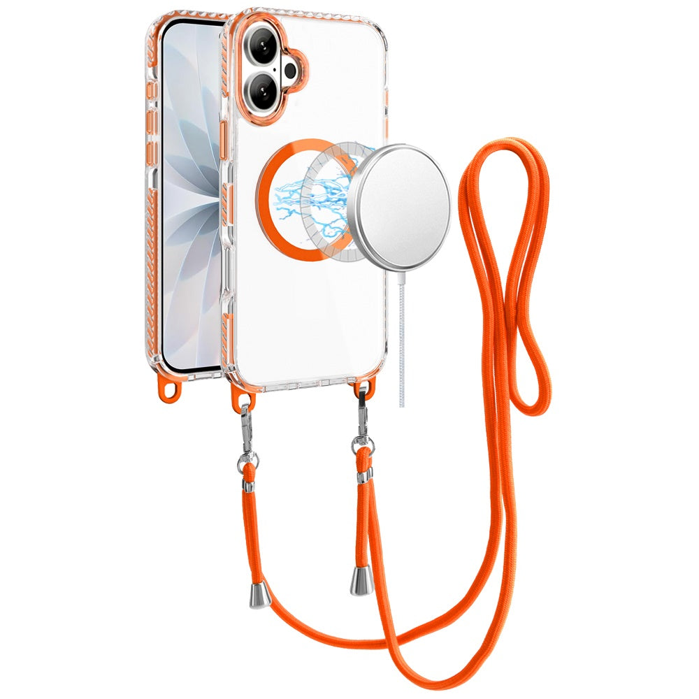 Phone Case for Apple iPhone 17 Transparent Magnetic Lanyard Shockproof Hybrid Clear Grip Durable Camera Protection TPU Anti-Slip Design Cover Cosmic Orange