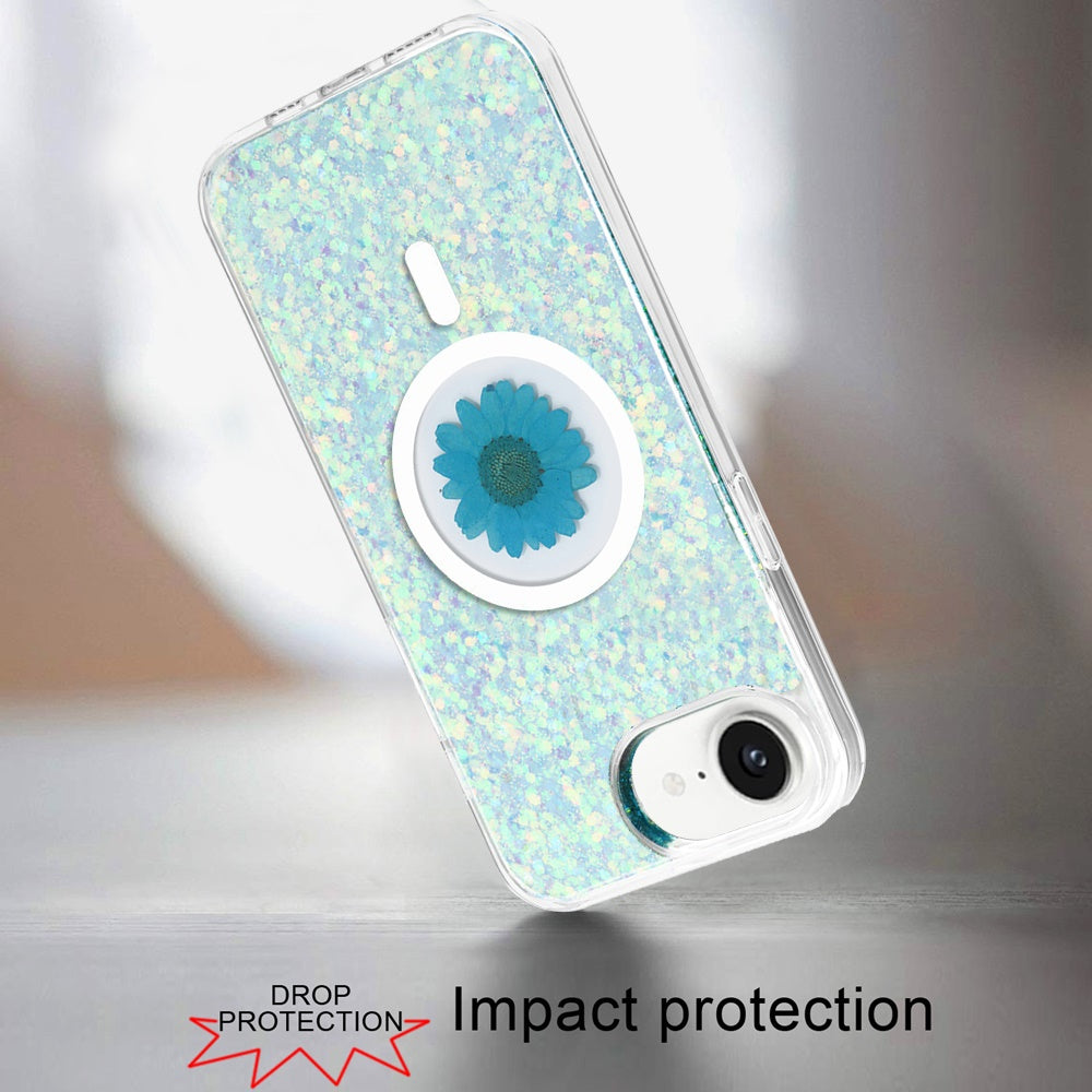 For Apple iPhone 17E /16E MagSafe Compatible Glitter Flower Epoxy Hybrid Slim TPU Case, Magnetic Circle Design, Sparkly Bling Protective Case Cover