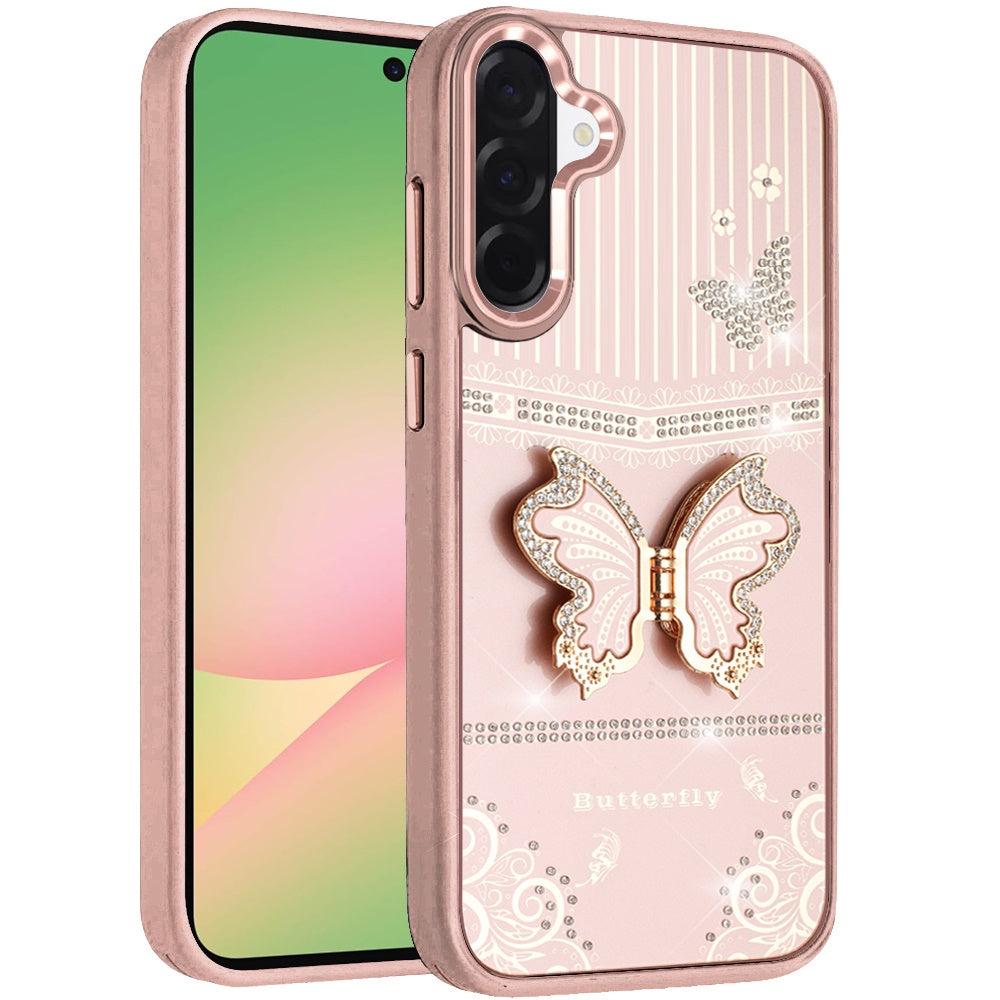 For Samsung Galaxy A57 Glitter 3D Butterfly Design Bling Metallic Edge Hybrid Stand Drop Protection TPU Shockproof Case Cover