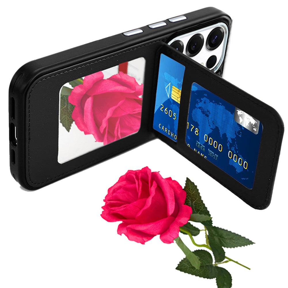 For Samsung Galaxy S23 Ultra PU Leather Wallet Cover with Credit Card Holder, Kickstand & Mirror Inside Slim Fit TPU & PC Hybrid Design Case Cover