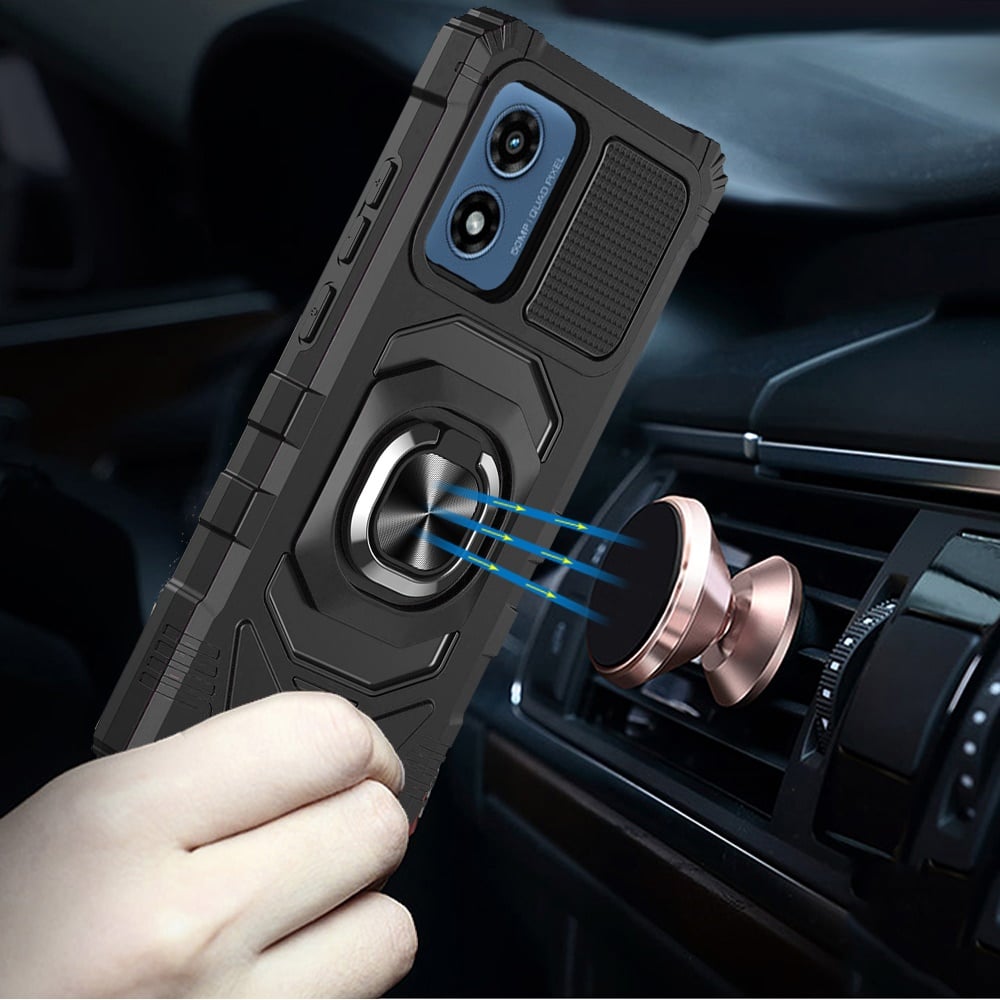 Phone Case for Motorola Moto G Play 4G LTE (2024) Rugged Hybrid Dual Layer Magnetic Ring Stand Armor Shock Absorbing Heavy Duty TPU Reinforced Bumper Cover