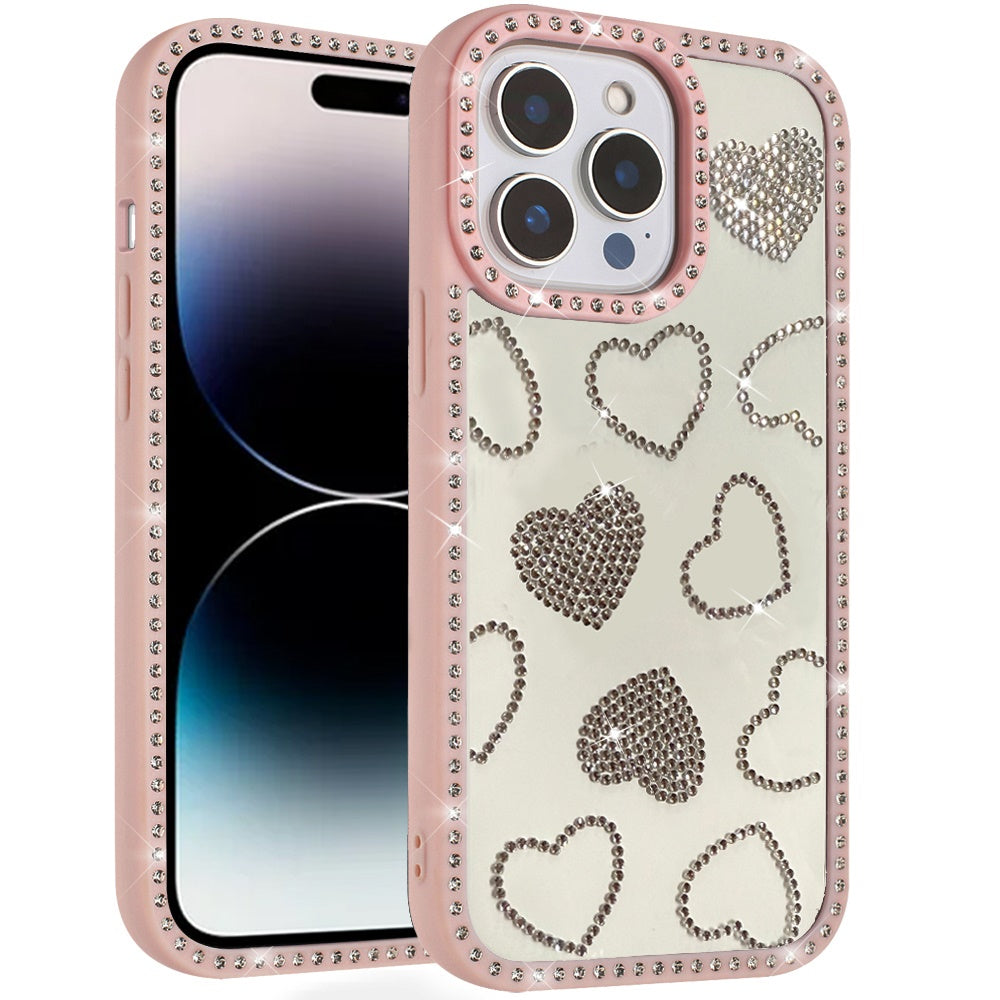 Phone Case for Apple iPhone 14 Pro Max Spread Love Hearts Glitter Shimmer Bling Diamond Edge Shockproof Hybrid Stylish Protective Slim Grip Designer Cover Pink
