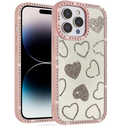 Phone Case for Apple iPhone 14 Pro Max Spread Love Hearts Glitter Shimmer Bling Diamond Edge Shockproof Hybrid Stylish Protective Slim Grip Designer Cover Pink
