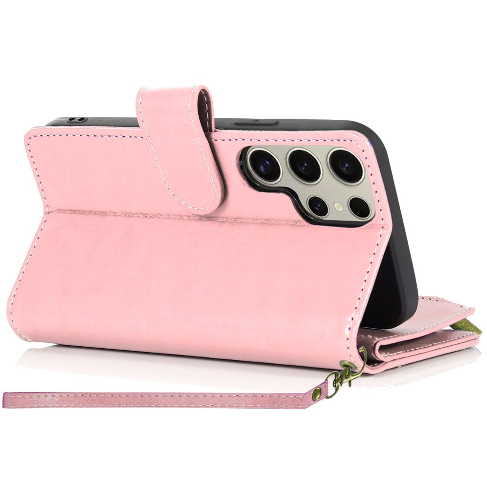 For Samsung Galaxy S25 Ultra Leather Wallet Case with Zipper, 9 Card Slots, Cash Pocket, Stand & Strap, Clutch Pouch Design Case Cover Rose Gold