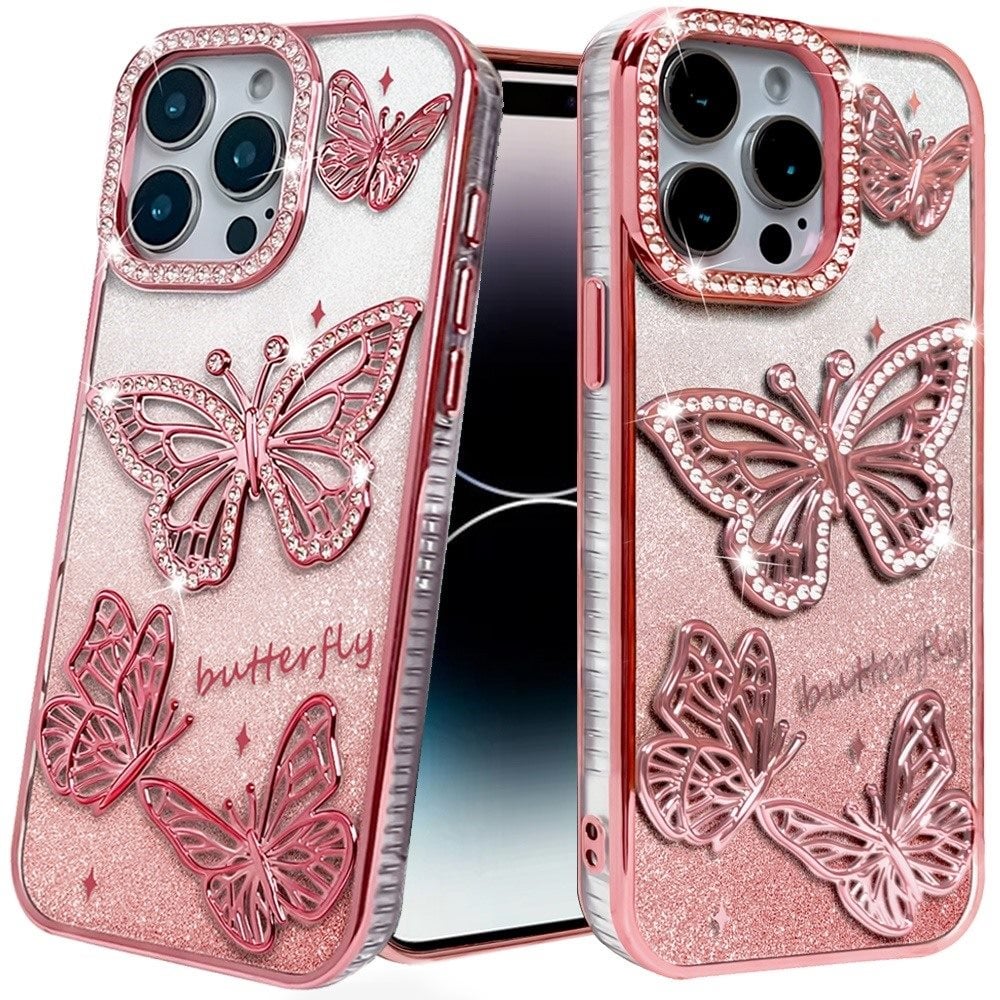 Phone Case for iPhone 14 Pro Max Butterfly Freedom Shimmer Glitter Thick TPU Shockproof Anti Slip Durable Protective Design Cover Rose Gold