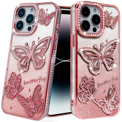 Phone Case for iPhone 14 Pro Max Butterfly Freedom Shimmer Glitter Thick TPU Shockproof Anti Slip Durable Protective Design Cover Rose Gold