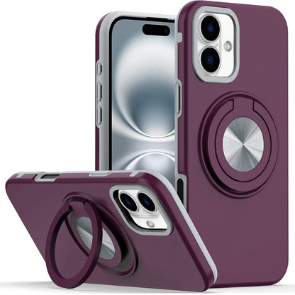 Phone Case for iPhone 16 Shockproof Magnetic Ring Stand Rotating CarMount Hybrid Metal Matte Finish AntiSlip Grip Kickstand Cover Red